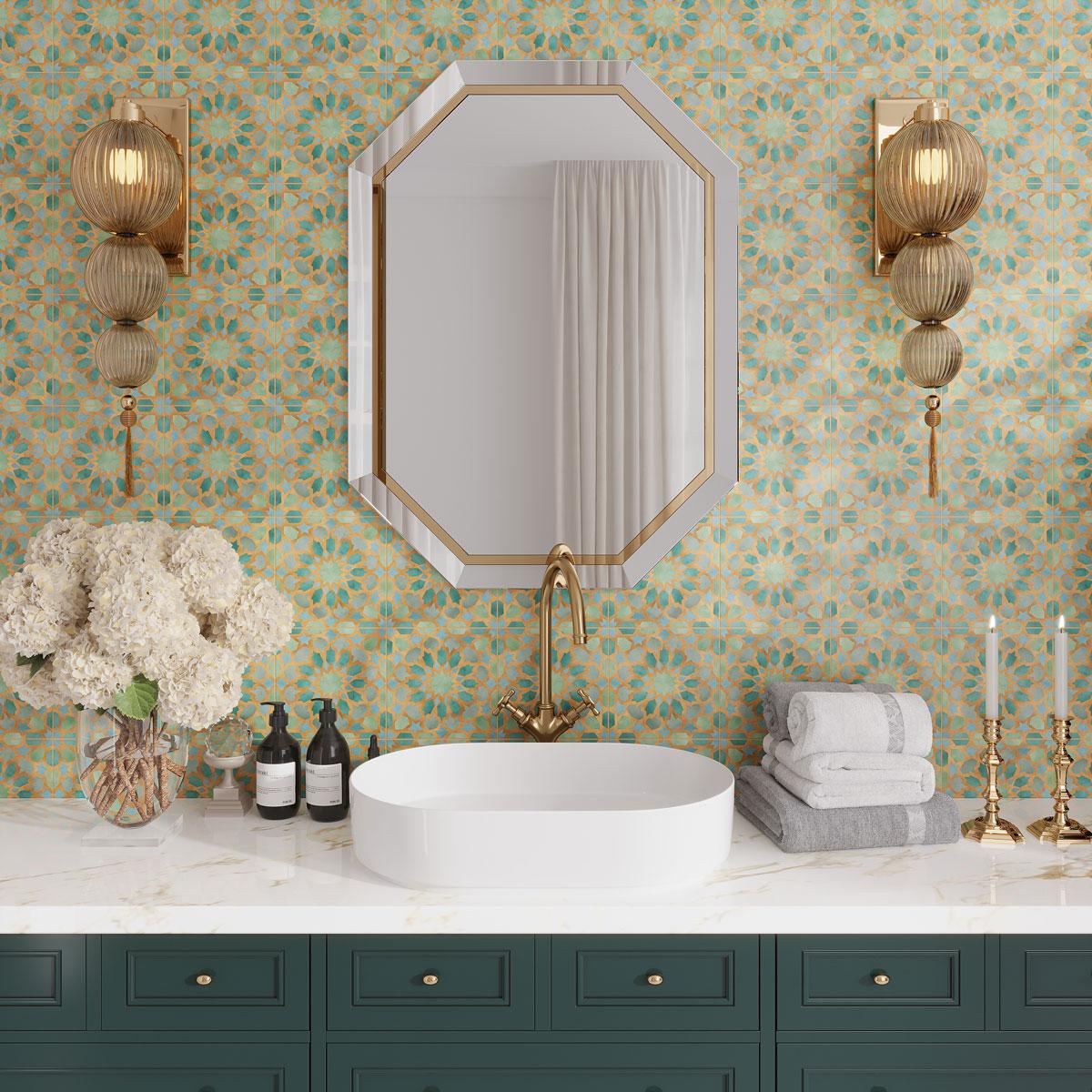 Green patterned bathroom backsplash 