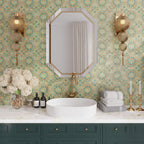 Green patterned bathroom backsplash 