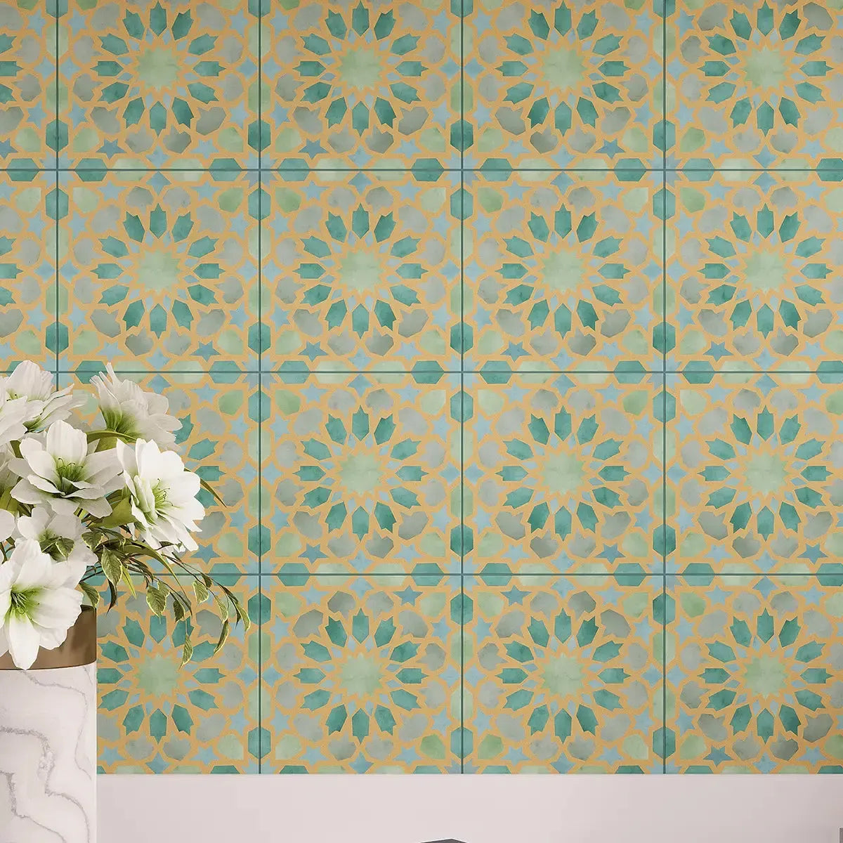 Amira Regal Green and Gold Patterned Porcelain Tile Moroccan Floor