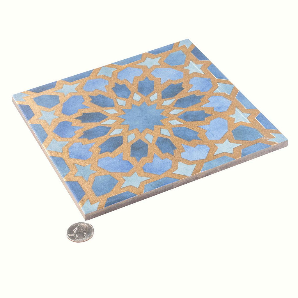 Amira Regal Samarkand Blue and Gold Patterned Porcelain Tile | Tile Club