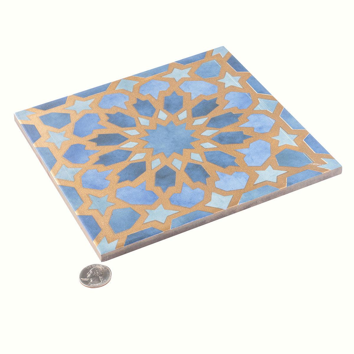 Amira Regal Samarkand Blue and Gold Patterned Porcelain Tile | Tile Club