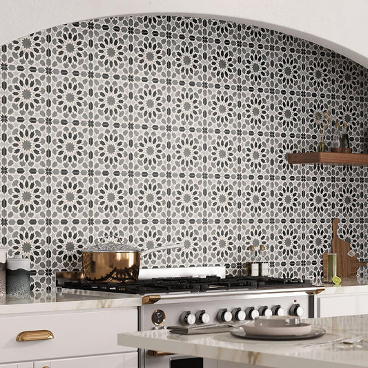 Amira Regal Shadow and Gold patterned poreclain backsplash tile