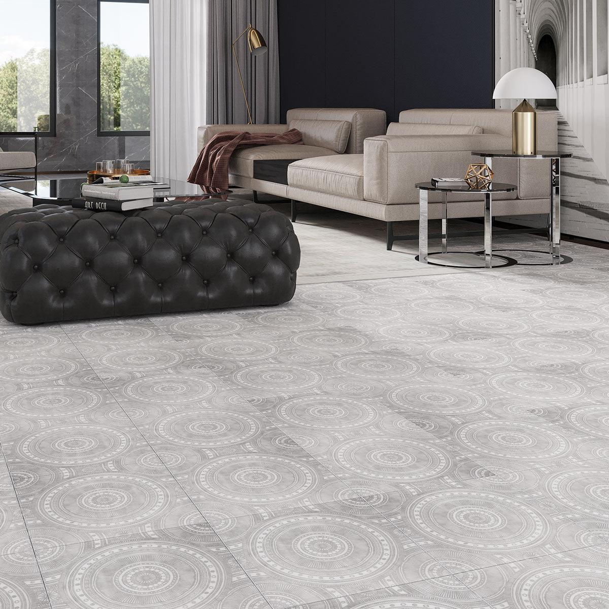 Antique Circles Etched Marble Tile floor for a decorative living room design