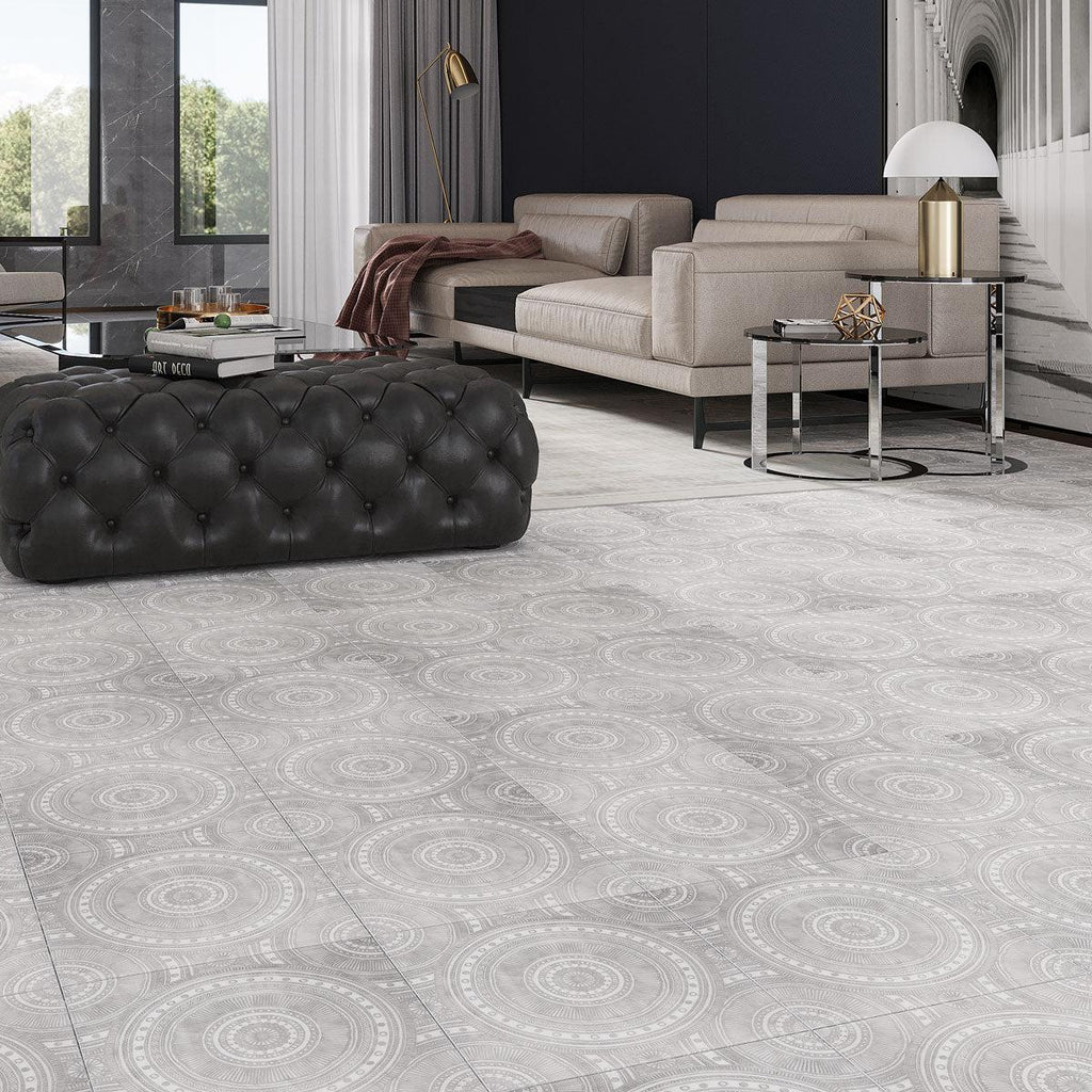 Antique Circles Etched Marble Tile floor for a decorative living room design