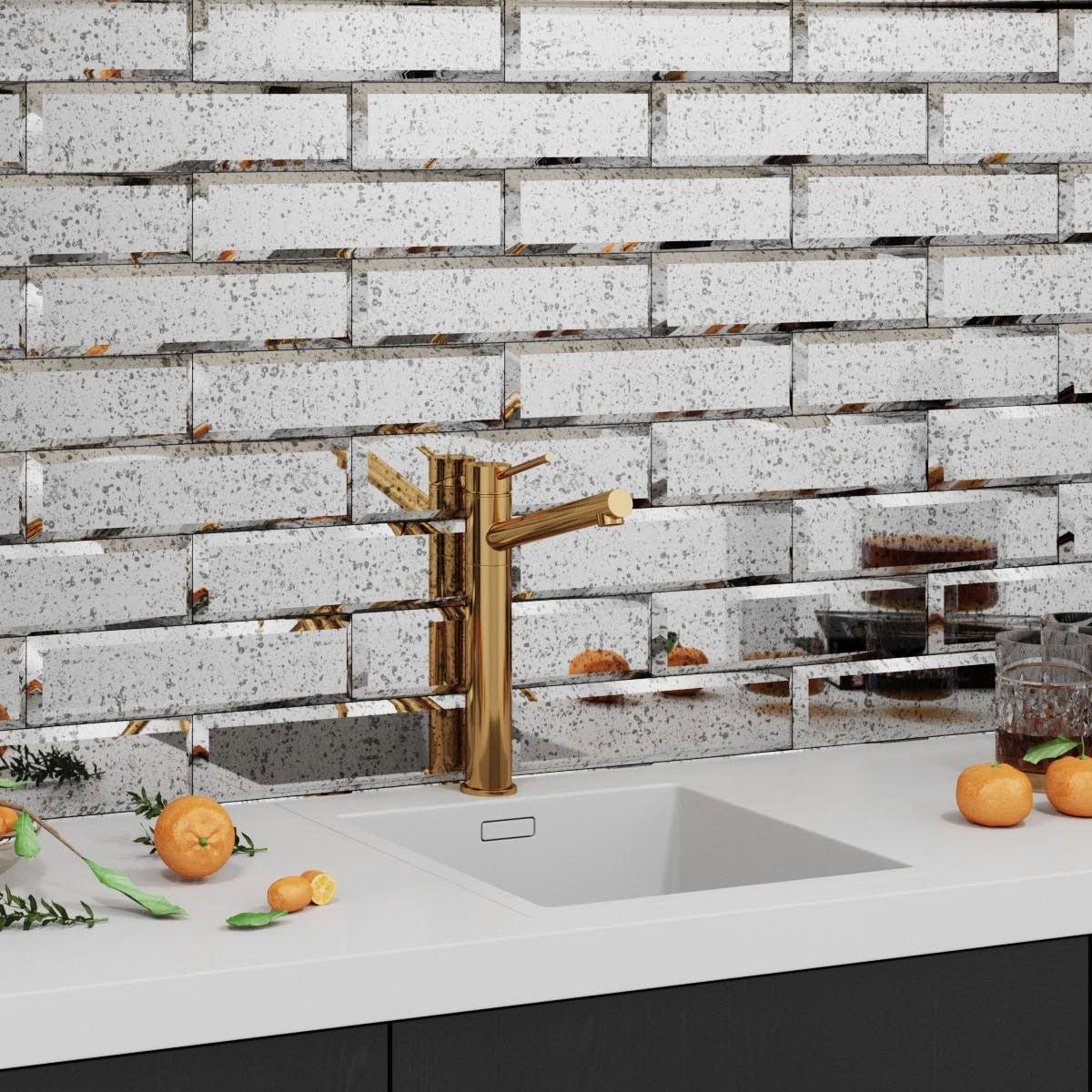 Soulscrafts Peel And Stick Beveled Antique Mirror Subway Tiles – 3x10 Inch, 24 Pcs (5 Sq Ft) For Kitchen Backsplash, Bathroom Wall