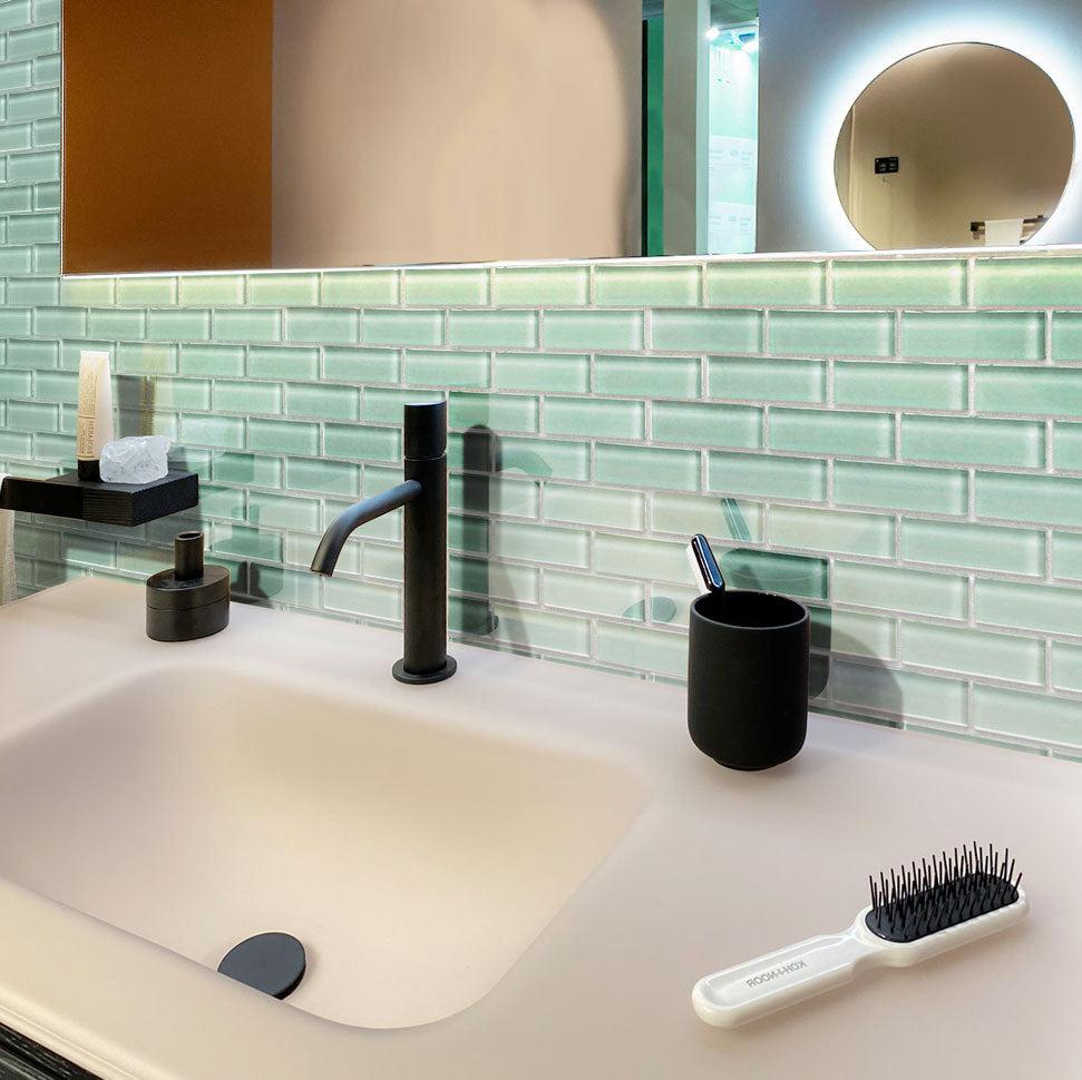 Aqua Glass Brick Tile Bathroom Backsplash