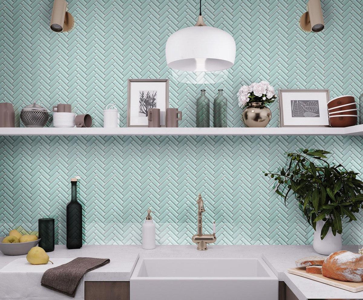 Pale Aqua Herringbone Glass Tile | Tile Club