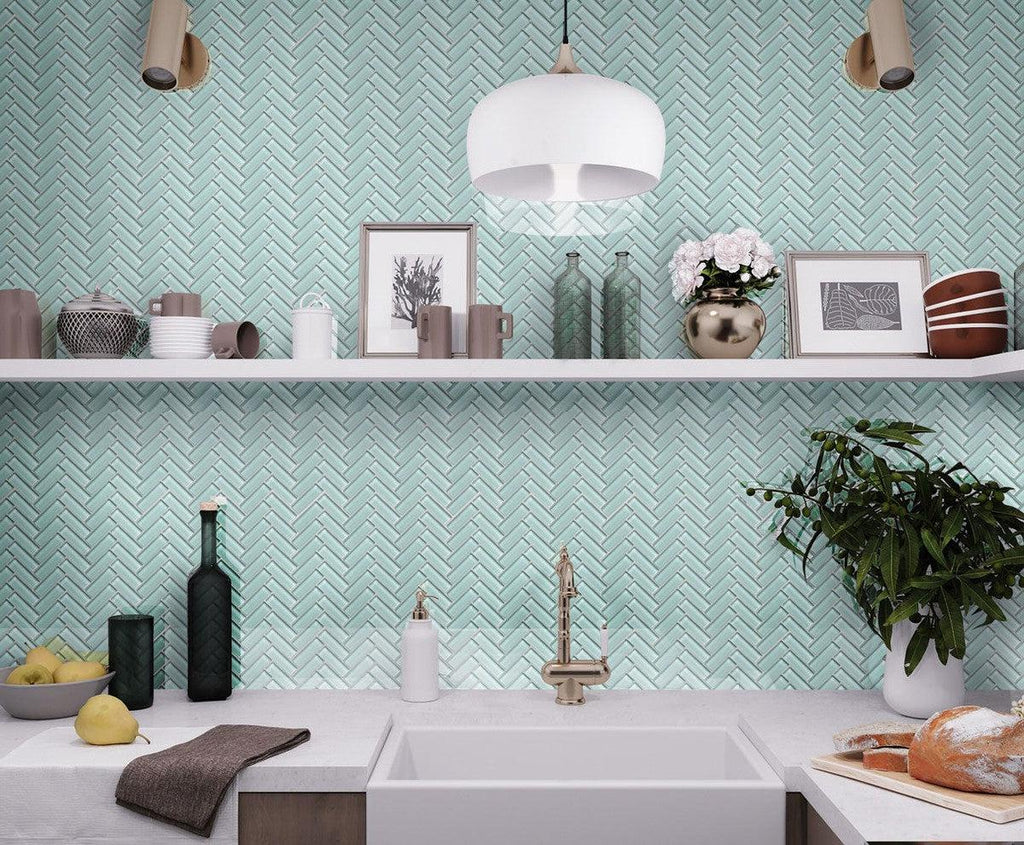 Pale Aqua Herringbone Glass Tile | Tile Club