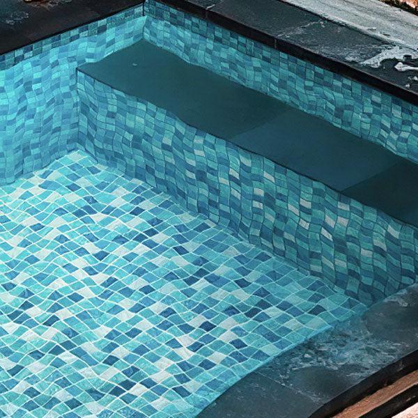 Aquamarine Blue Mixed Squares Glass Tiled Pool Side