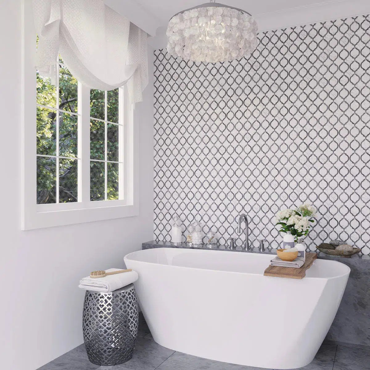 Bathroom Accent wall with Arabesque Tile Carrara Marble in gray and white