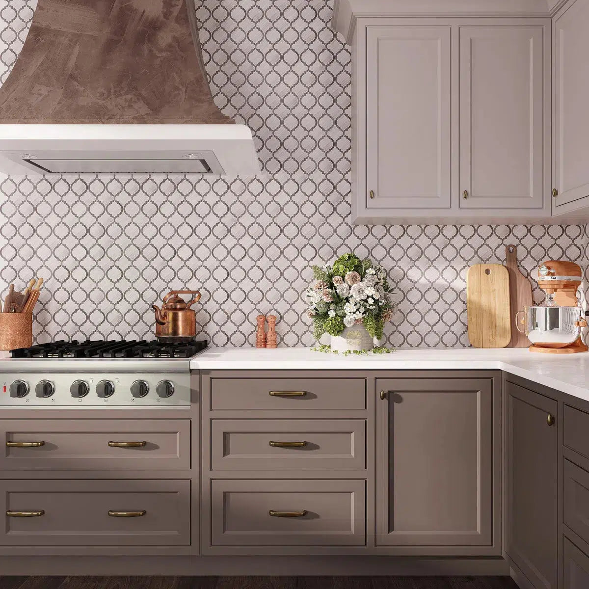 Rustic kitchen decor with arabesque wood look marble tile backsplash