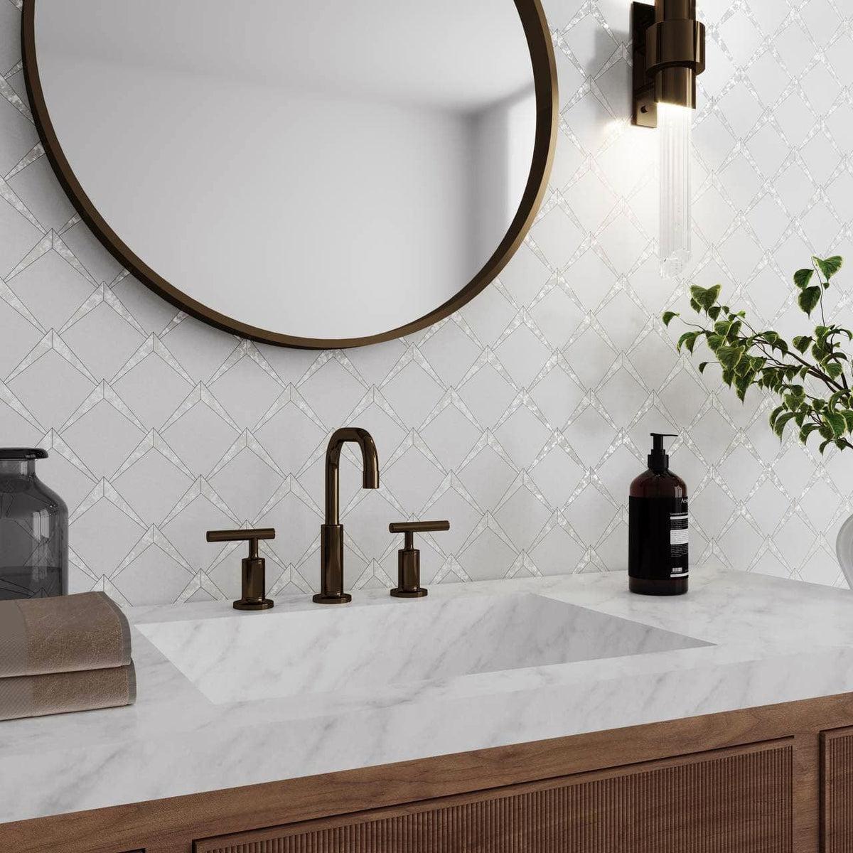 Arrowhead Pearl Marble Mosaic Tile Bathroom Install with Marble Countertops