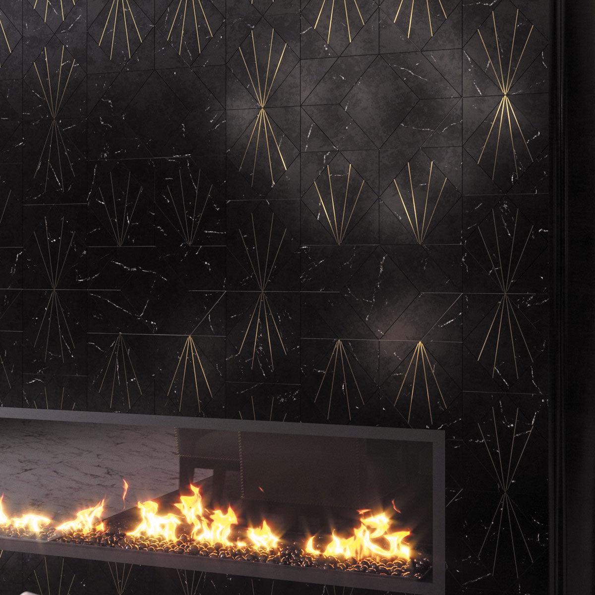 Black marble and brass inlay accent wall with Art Deco tiles