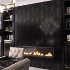 Dramatic and luxurious living room with a Art Deco Black Marble and Brass Inlay Mosaic Tile fireplace surround