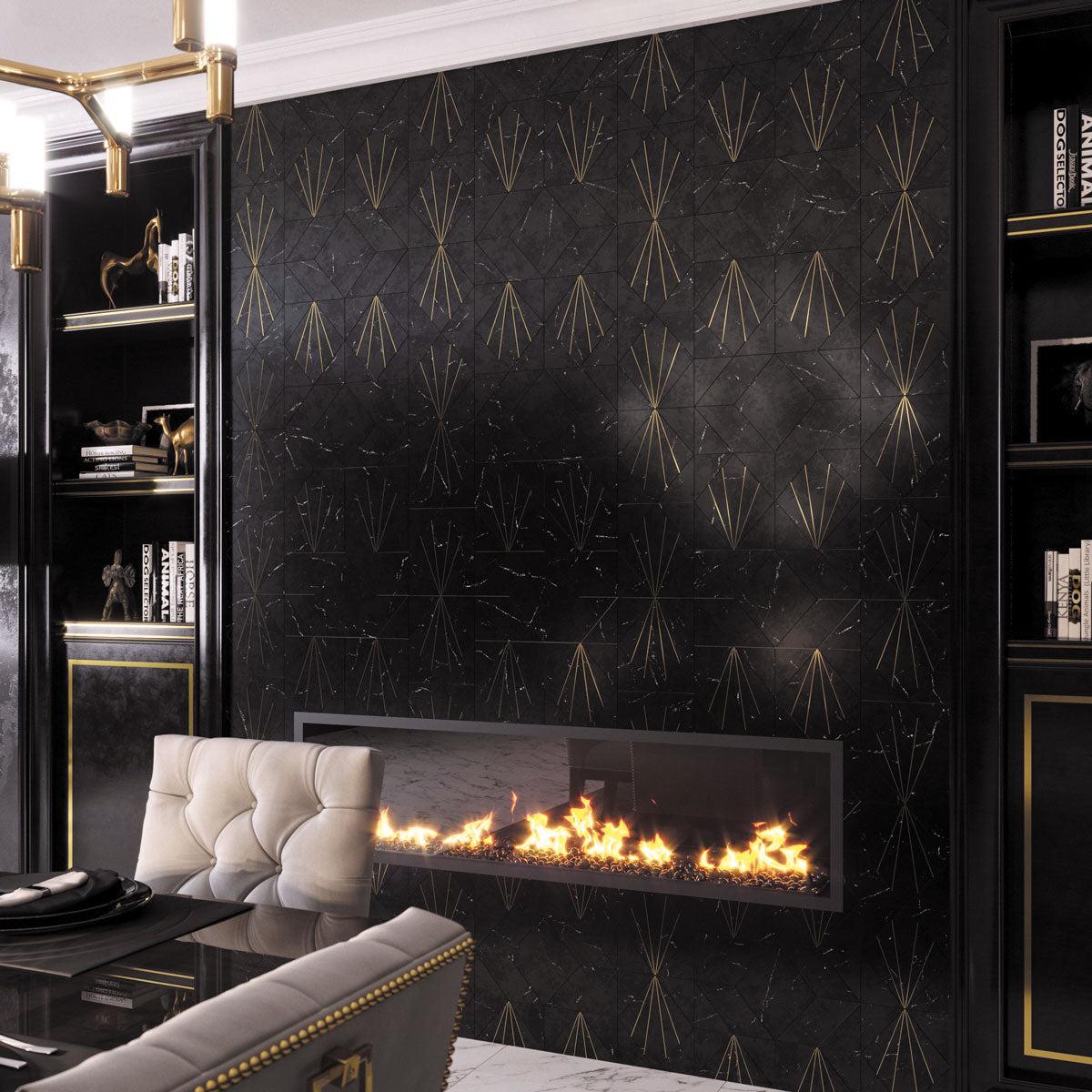 Dramatic and luxurious living room with a Art Deco Black Marble and Brass Inlay Mosaic Tile fireplace surround