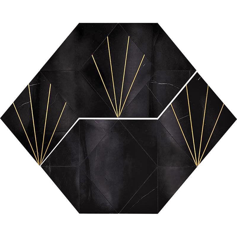 Art Deco Black Marble and Brass Inlay Mosaic Tile