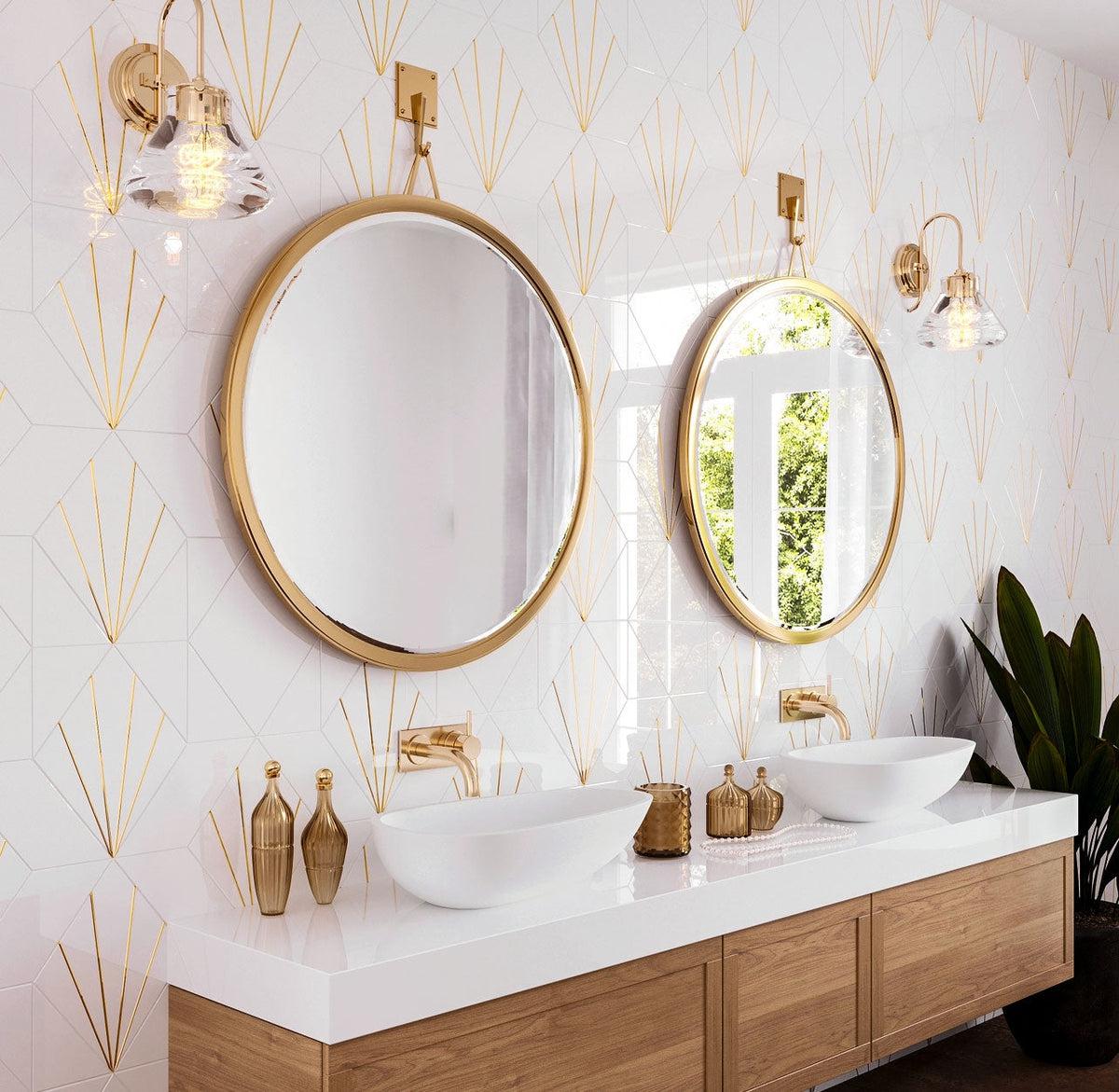 Art Deco White Marble and Brass Inlay Bathroom Wall Tile