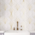 Art Deco White Marble and Brass Inlay Mosaic Kitchen Wall Tile