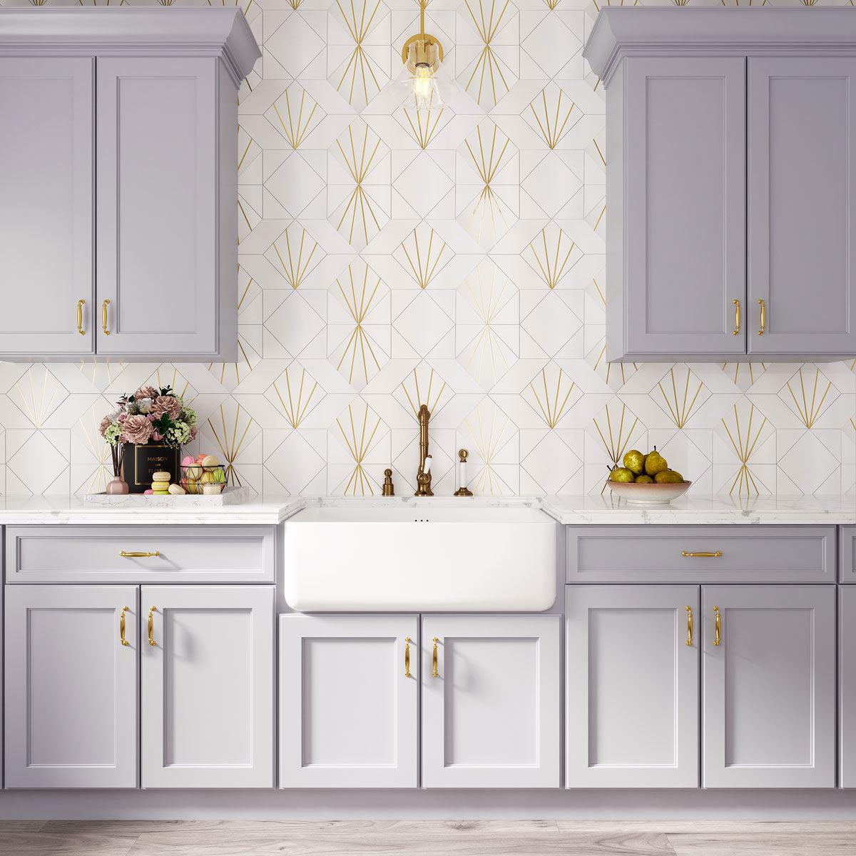 Blue and white kitchen with Art Deco accent wall tile with brass inlay