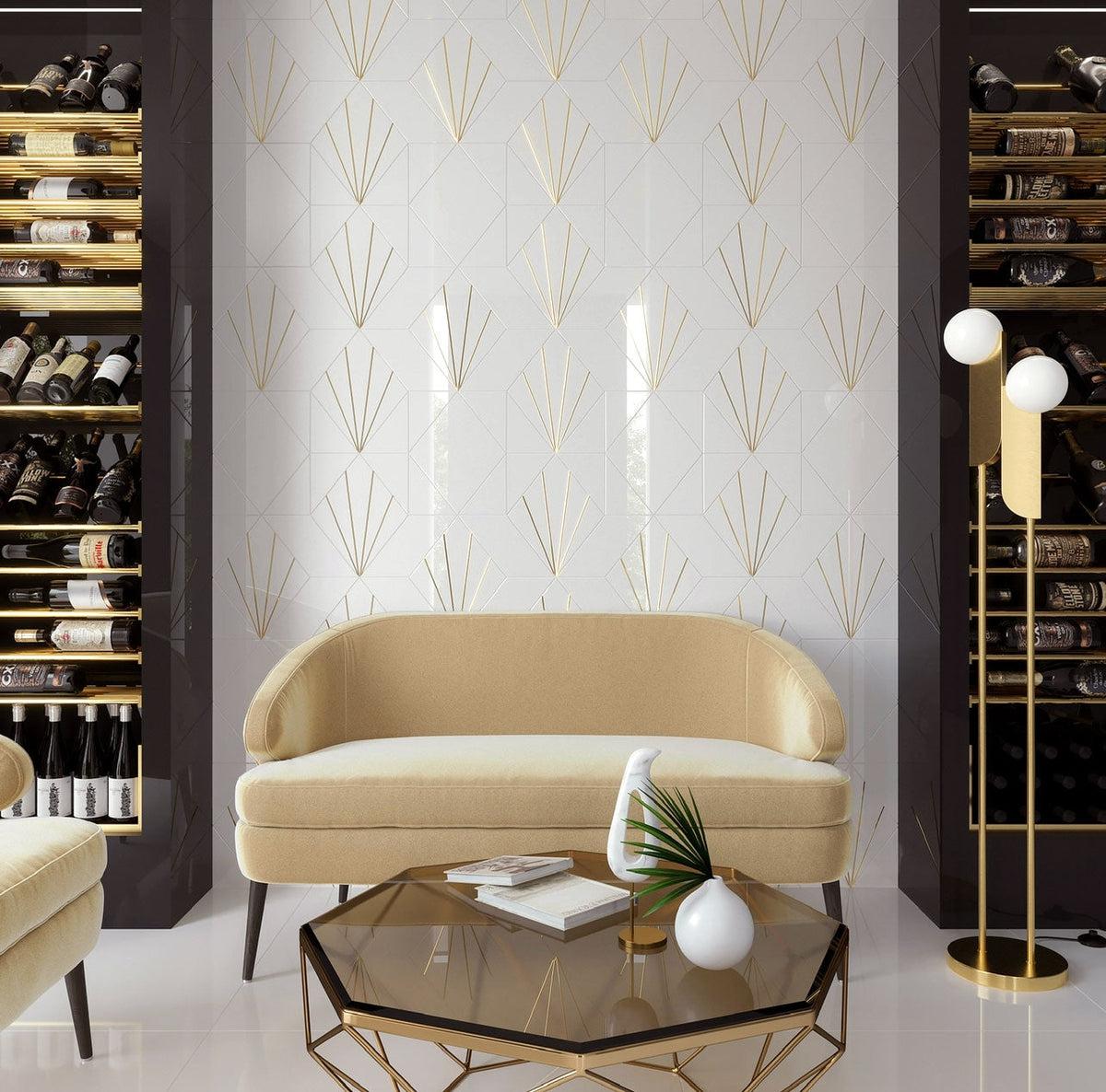 Glamorous Black and Gold Living Room with a Tile Accent Wall