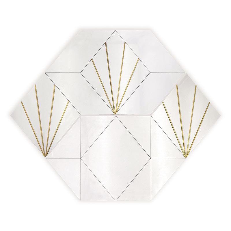 Art Deco White Marble and Brass Inlay Mosaic Tile