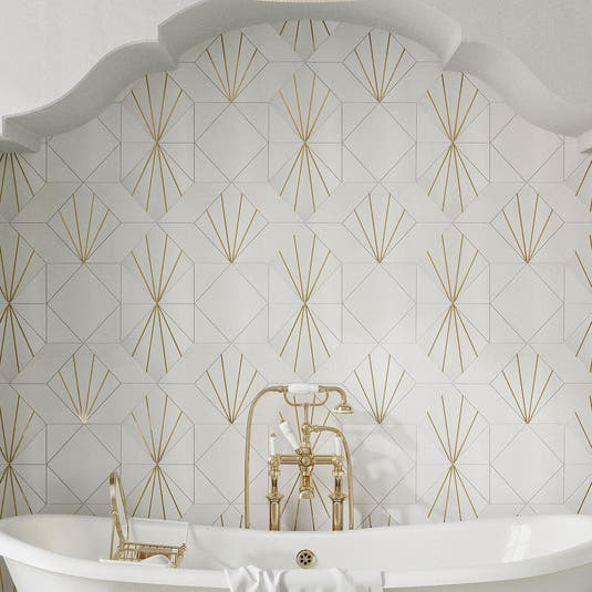 Art Deco White Marble and Brass Inlay Mosaic Tile | Tile Club