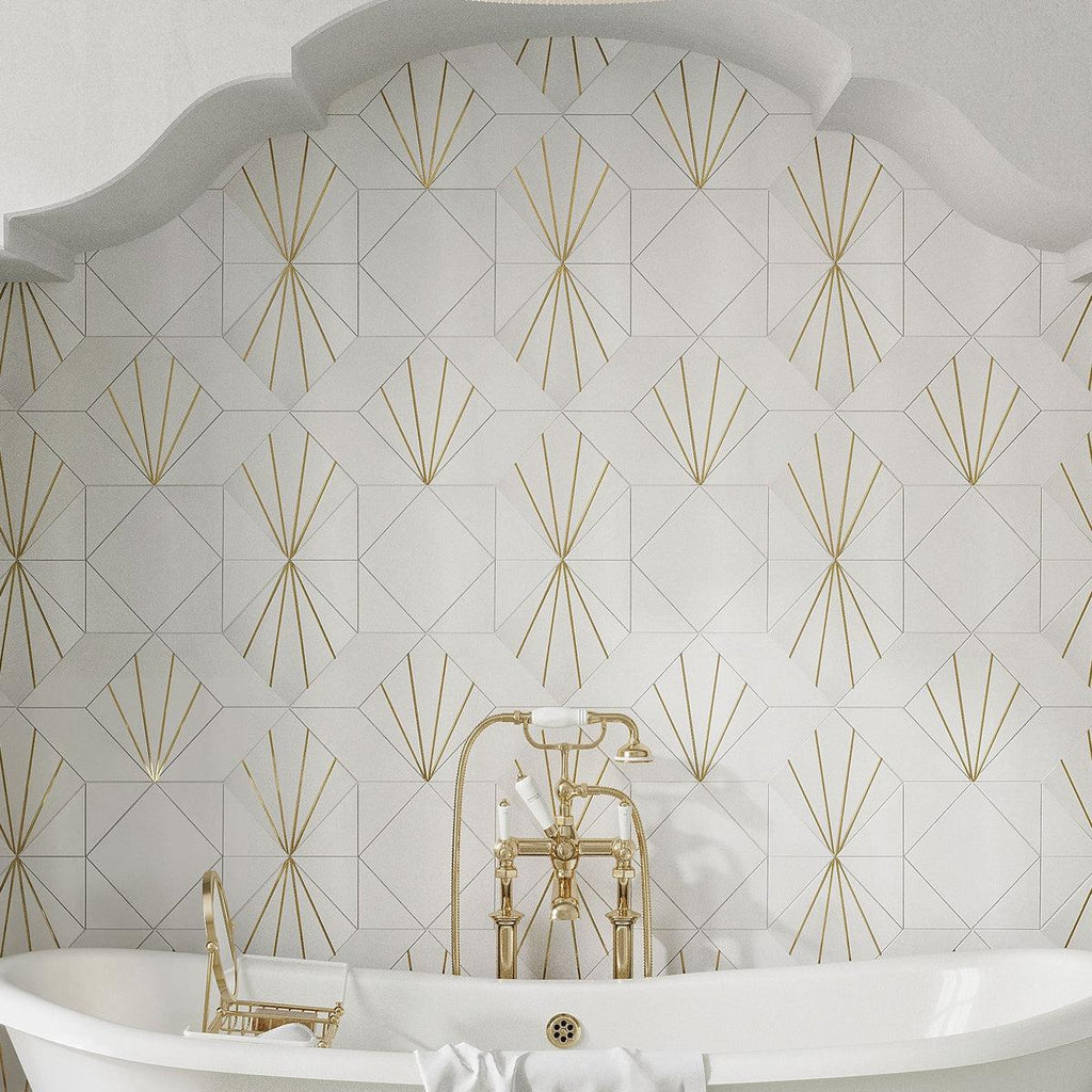 Art Deco White Marble and Brass Inlay Mosaic Tile | Tile Club