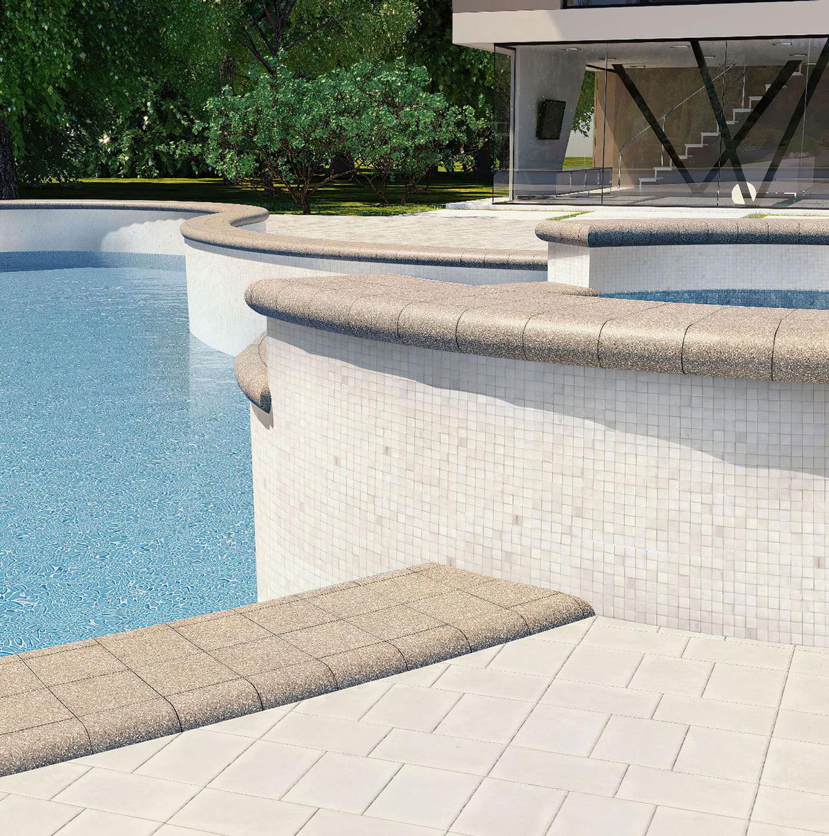 Outdoor swimming pool with curved walls covered with Ashy White Square Glass Pool Tile