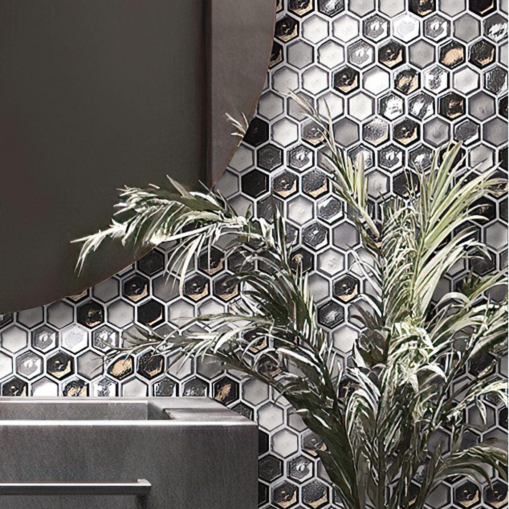 Saturn Grey Hexagon Glass Mosaic Tile