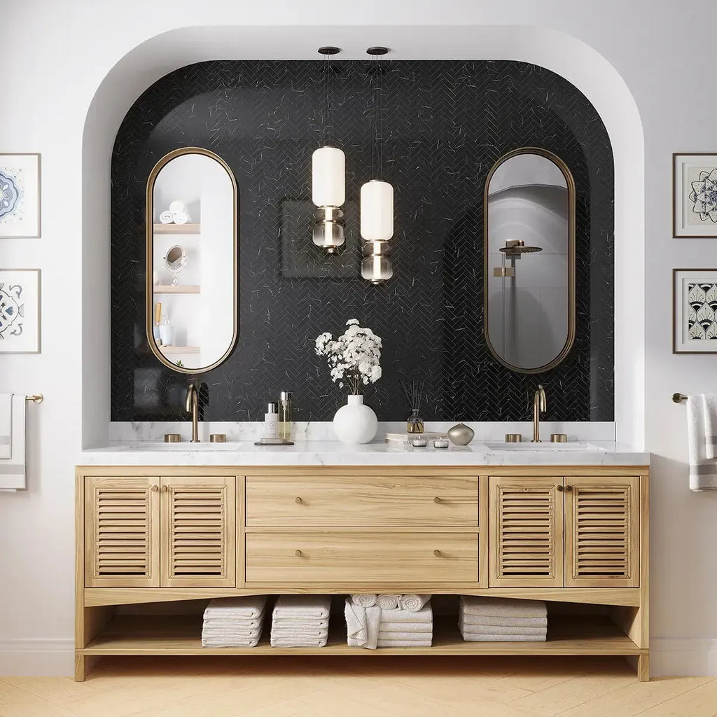 Azra Nero Black Herringbone Porcelain Mosaic Tile | Tile Club