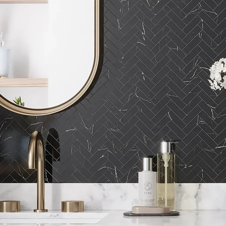 Azra Nero Black Herringbone Porcelain Mosaic Tile | Tile Club