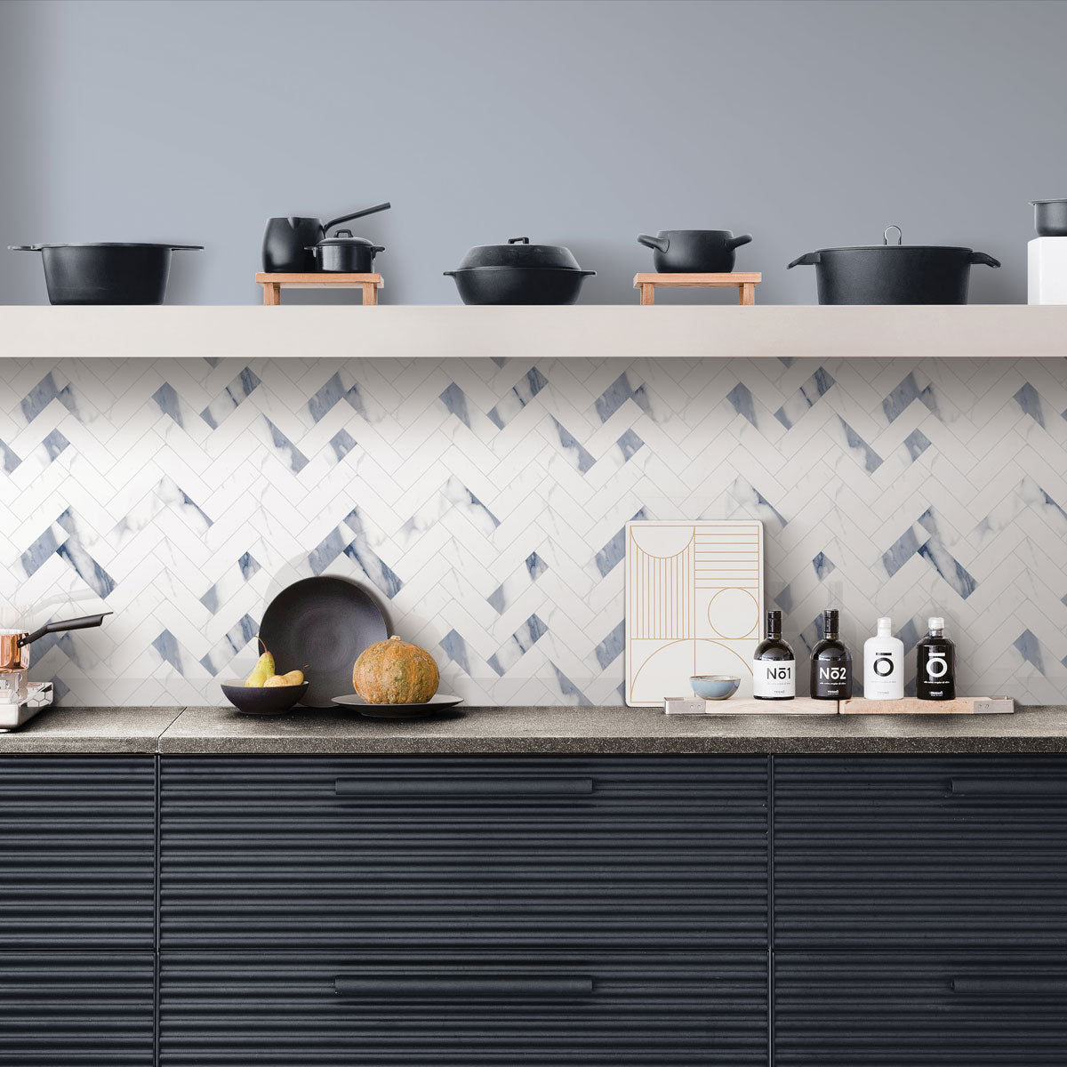 Azra Statuario Blue Herringbone Porcelain Mosaic Tile | Tile Club