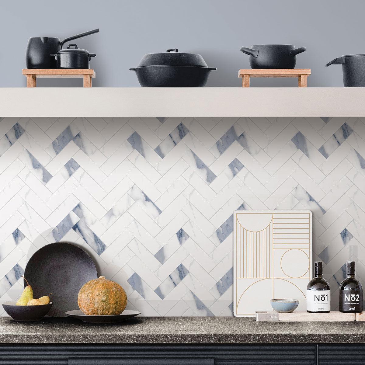 Azra Statuario Blue Herringbone Porcelain Mosaic Tile