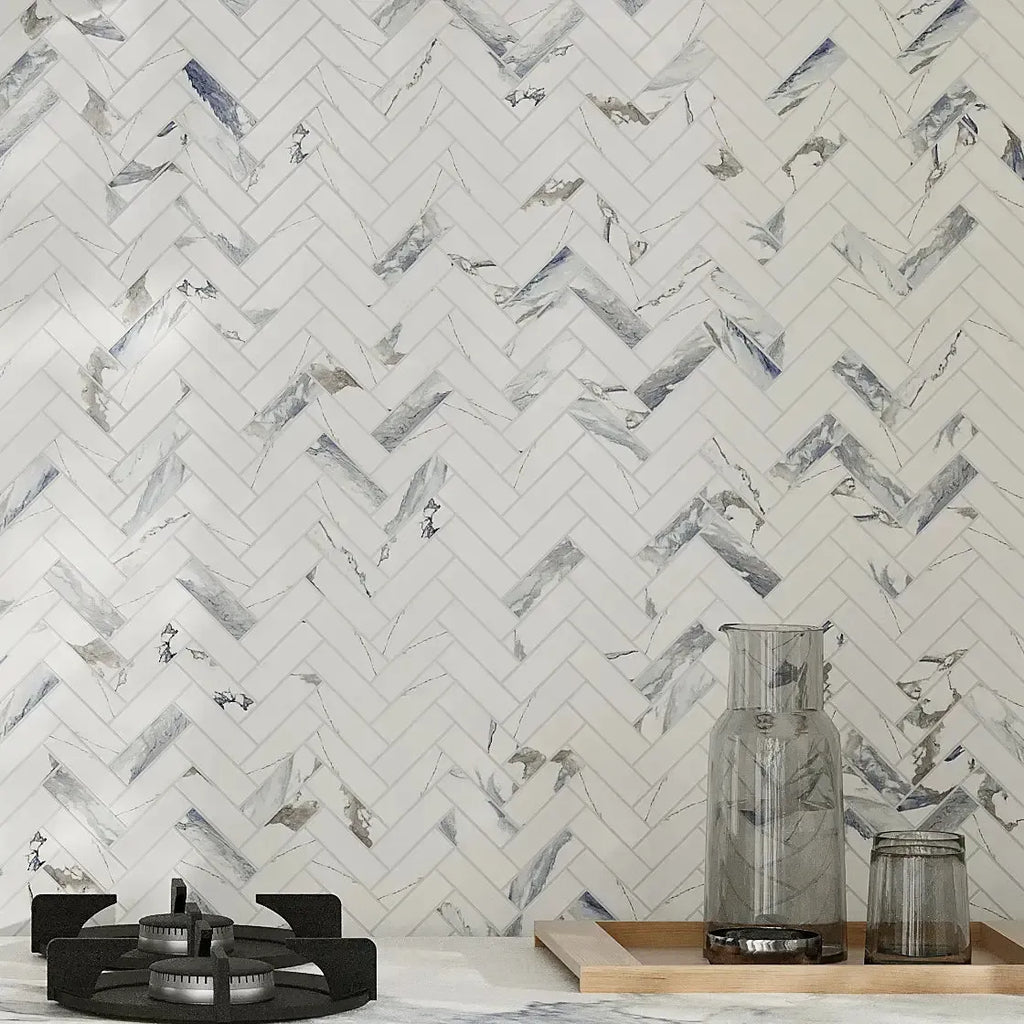 Azra Statuario Blue Herringbone Porcelain Mosaic Tile | Tile Club