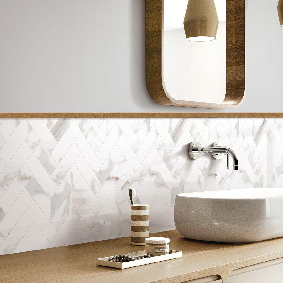 Azra Statuario Coffee Herringbone Porcelain Mosaic Tile | Tile Club