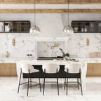 Large format stone look slab backsplash with white and gray marbled porcelain tile