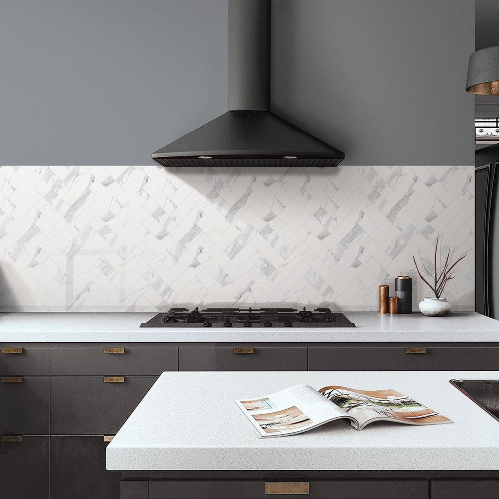 Azra Statuario Smoke Herringbone Porcelain Mosaic Tile | Tile Club