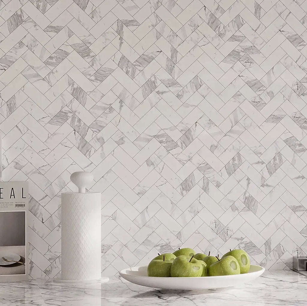Azra Statuario Smoke Herringbone Porcelain Mosaic Tile | Perfect Azra Statuario Smoke Herringbone Porcelain Mosaic Tile | Perfect