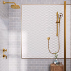Blue and white shower design with brass rain shower head