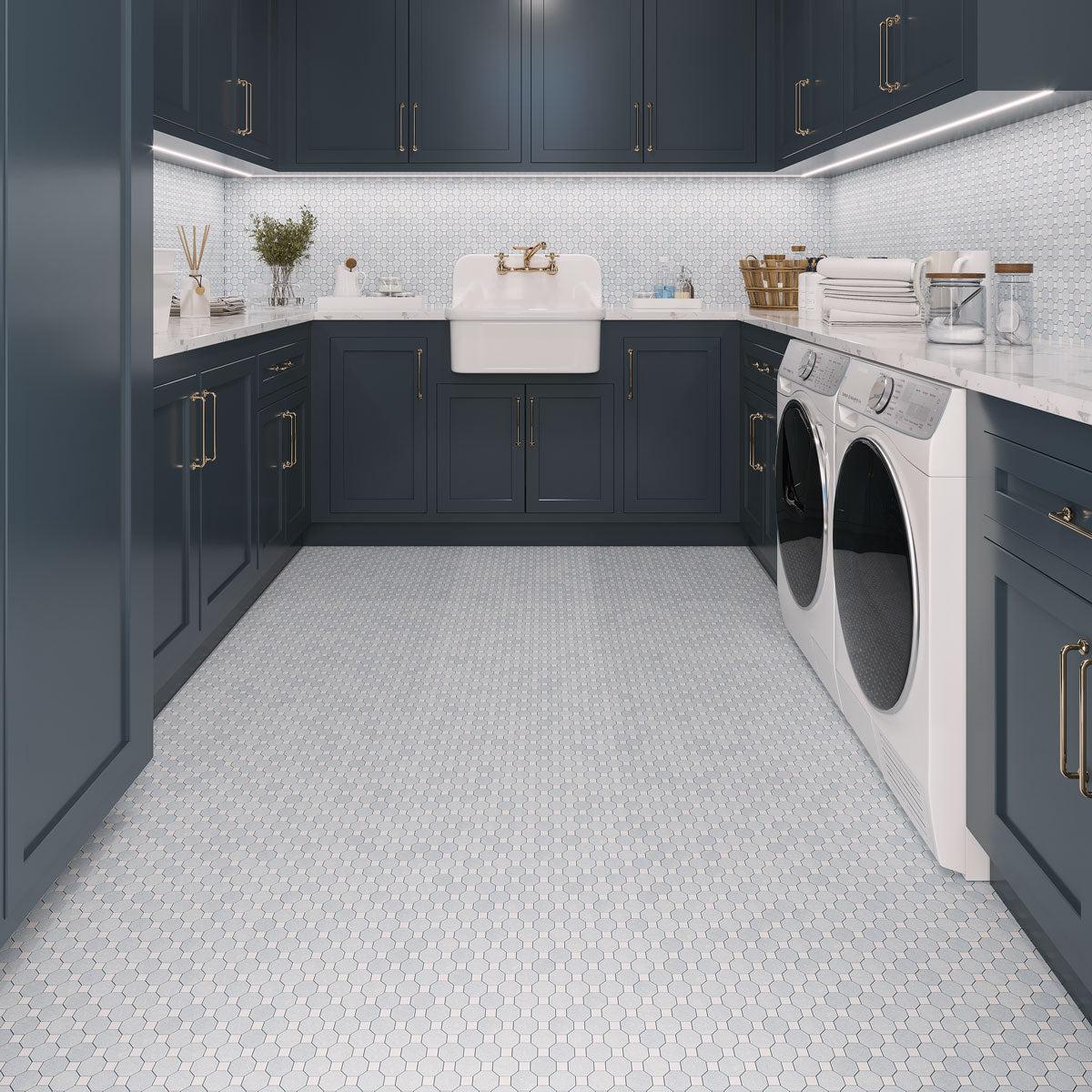 Blue and white Laundry Room with Azul Cielo Octagon And Thassos Dot Marble Mosaic Tile floors and walls