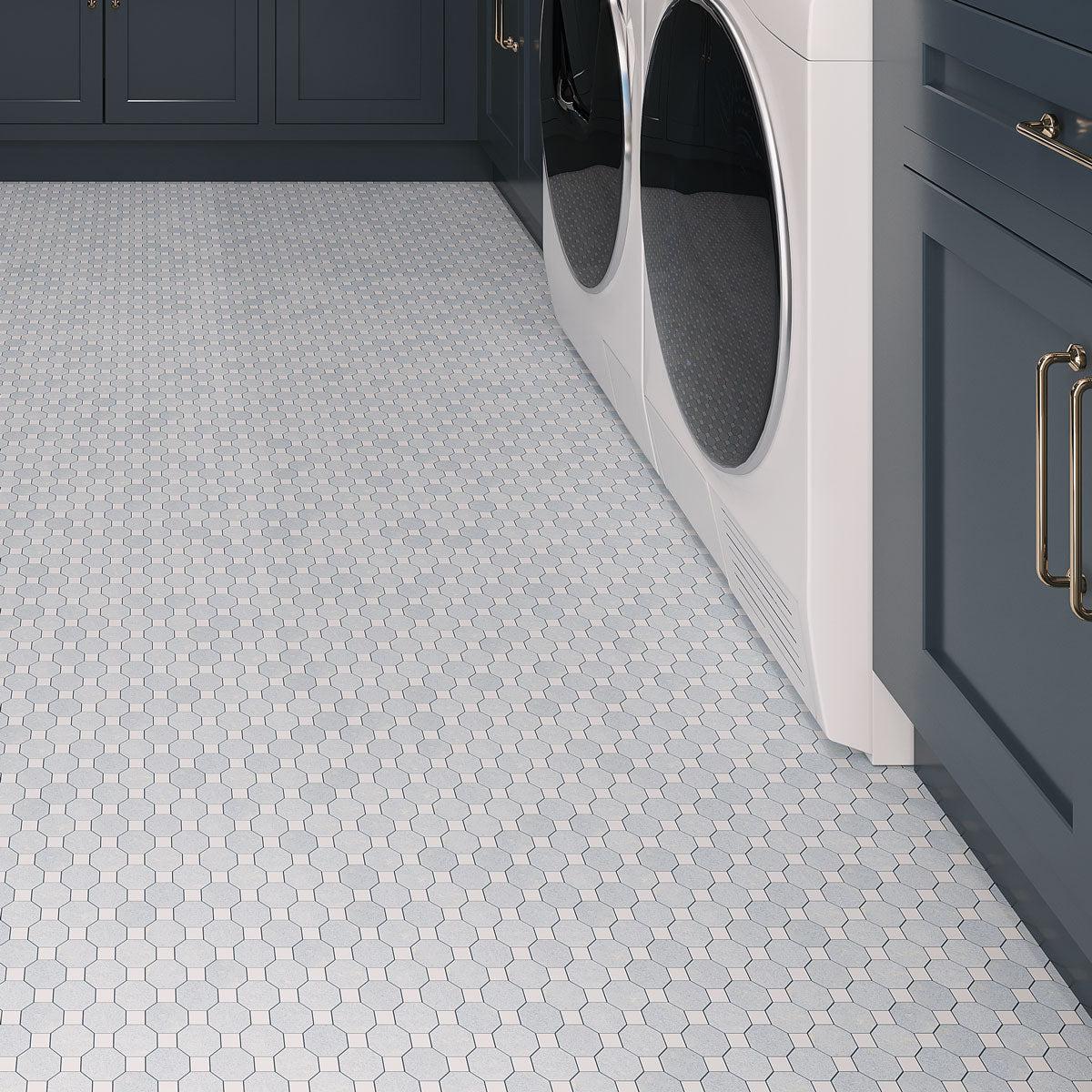 Azul Cielo Octagon And Thassos Dot Marble Mosaic Tile | Tile Club