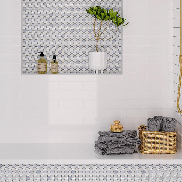 Azul Cielo Thassos And Carrara 1" Hexagon Marble Mosaic Tile Polished | Tile Club