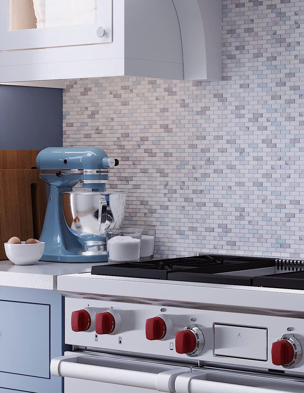 Blue and White Kitchen with Azul Cielo Thassos And Carrara Mini Brick Marble Mosaic Tile Backsplash