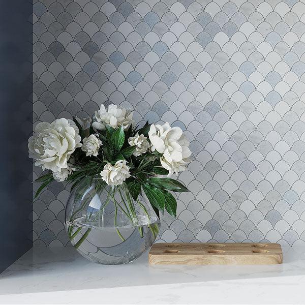Vase with Flowers on Background of Azul Cielo Thassos And Carrara Mini Scale Marble Mosaic