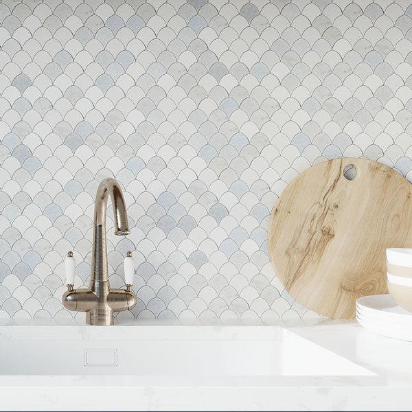 Kitchen Sink with Azul Cielo Thassos And Carrara Mini Scale Marble Mosaic Tile Backsplash