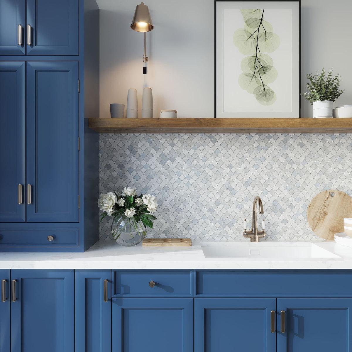 Dark Blue and Wood Kitchen with Azul Cielo Thassos And Carrara Mini Scale Marble Mosaic Tile Backsplash
