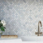 Vase with Flowers on Background of Azul Cielo Thassos And Carrara Mini Scale Marble Mosaic