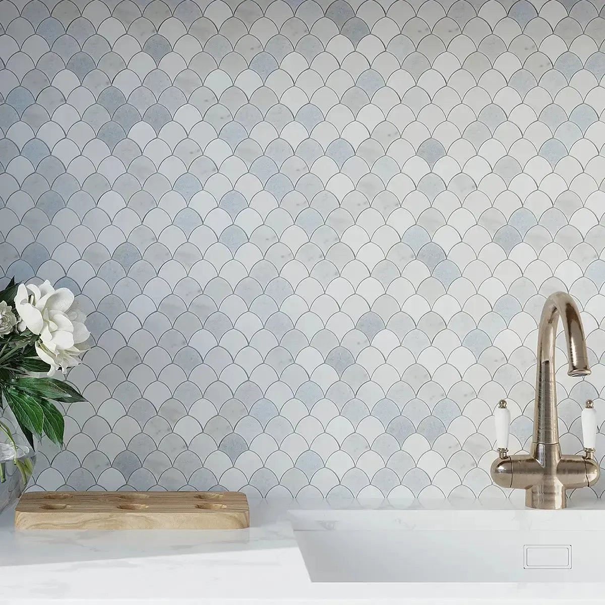 Vase with Flowers on Background of Azul Cielo Thassos And Carrara Mini Scale Marble Mosaic