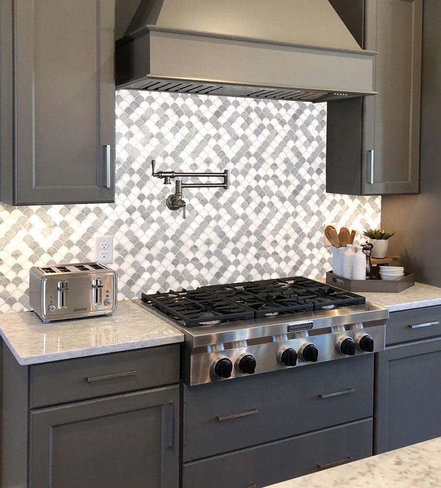 Azul Cielo Thassos And Carrara Mini Scale Marble Mosaic Tile