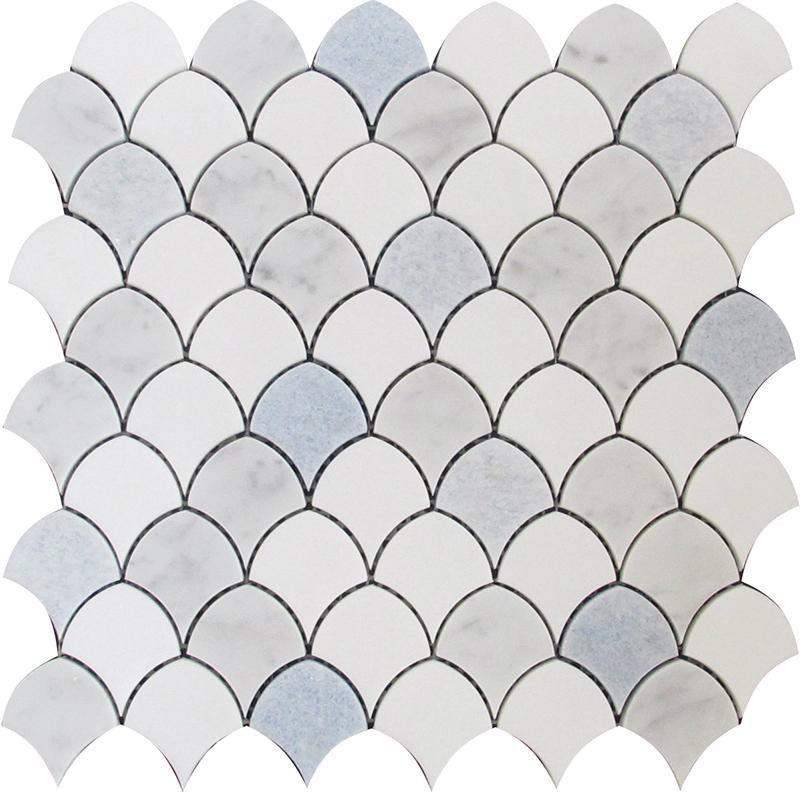 Azul Cielo Thassos And Carrara Mini Scale Marble Mosaic Tile | 11" x 11"